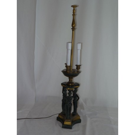 Lámpara de mesa con figuras de bronce y pie de mármol, antigua
